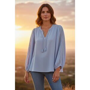 Margaret O’leary Embroidered Light Blue Long Sleeve Blouse With Tassel Tie Neck